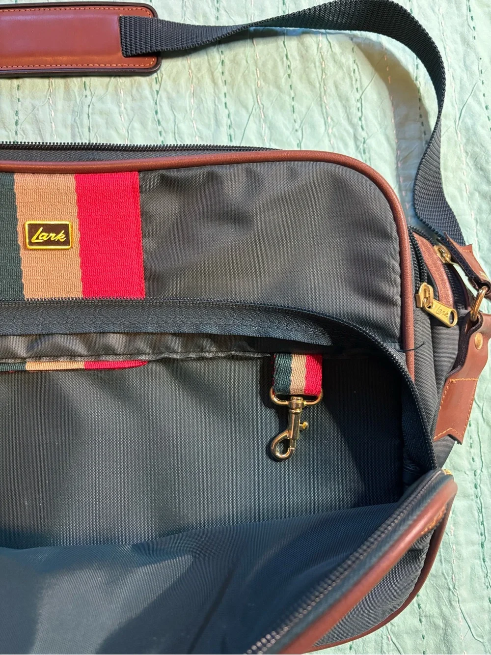 Vintage Lark Travel Flight Bag Nylon Faux Leather Trim Multi Pocket 1980s